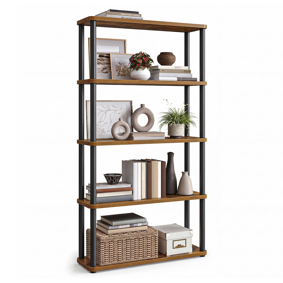 VASAGLE reol, 5 niveauer, 23.8 × 60 × 139 cm, rustikbrun/sort, LLS165K01