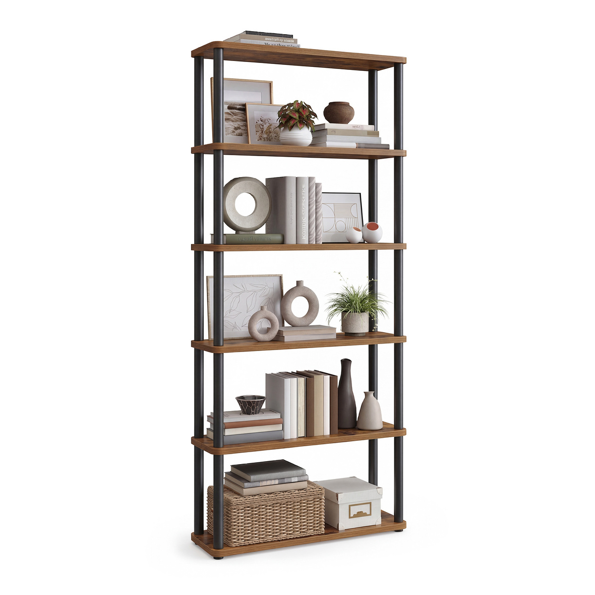 VASAGLE reol, 6 niveauer, 23.8 × 60 × 173.4 cm, rustikbrun/sort, LLS166K01