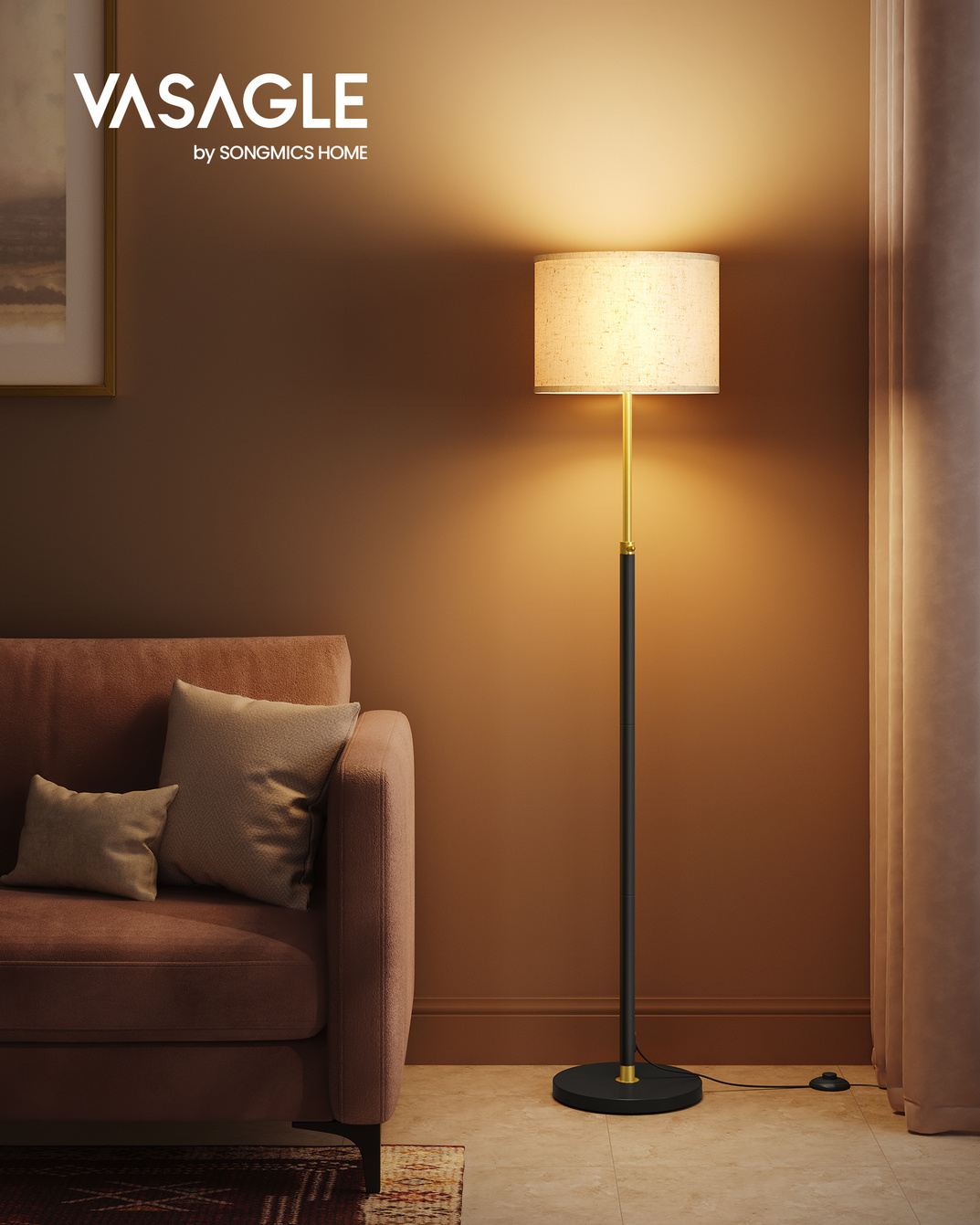 VASAGLE gulvlampe, 170 cm, højdejusterbar, guld/sort, LFL002B02
