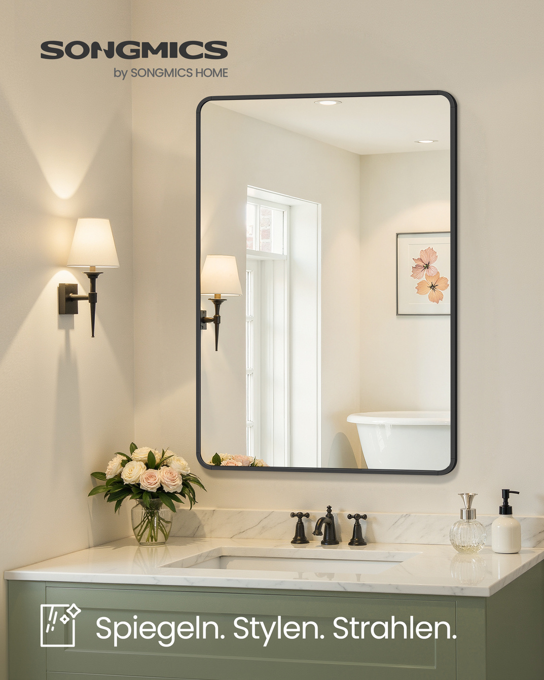 SONGMICS spejl, 91 × 61 cm, vægmonteret, sort, LWM010BD01
