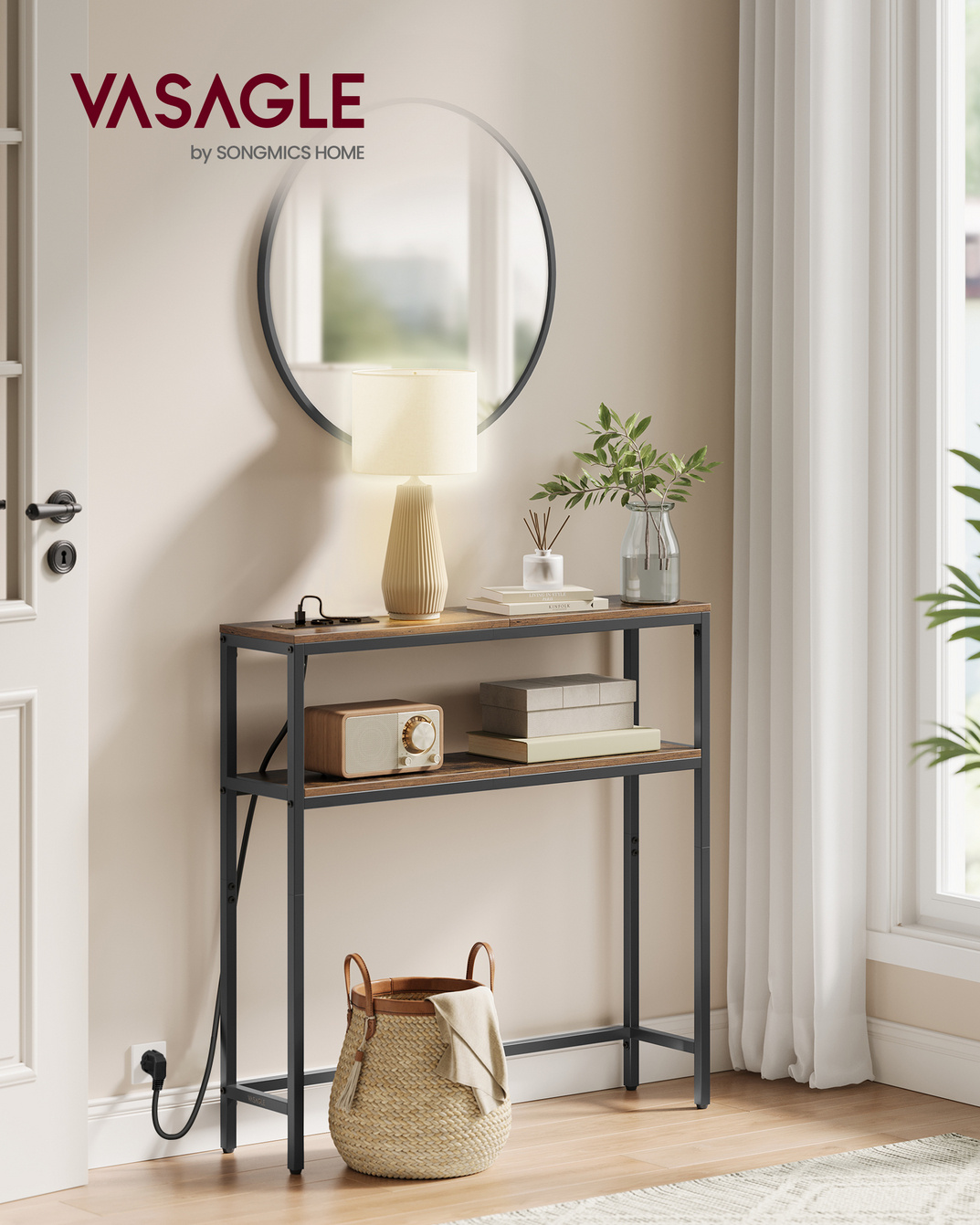VASAGLE konsolbord, 2 hylder, 20 × 80 × 80 cm, med ladestation, brun, LNT135KD01