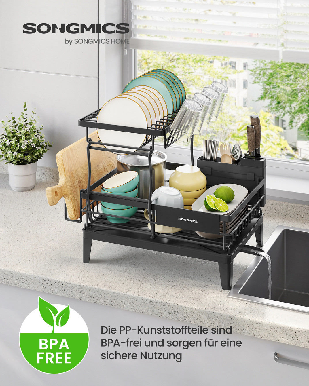 SONGMICS opvaskestativ, 31 × 42 × 36.5 cm, drejelig, sort, KCS551BH01
