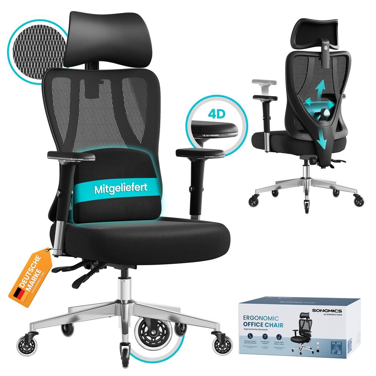 Songmics kontorstol, justerbar, sort, OBN067BH01