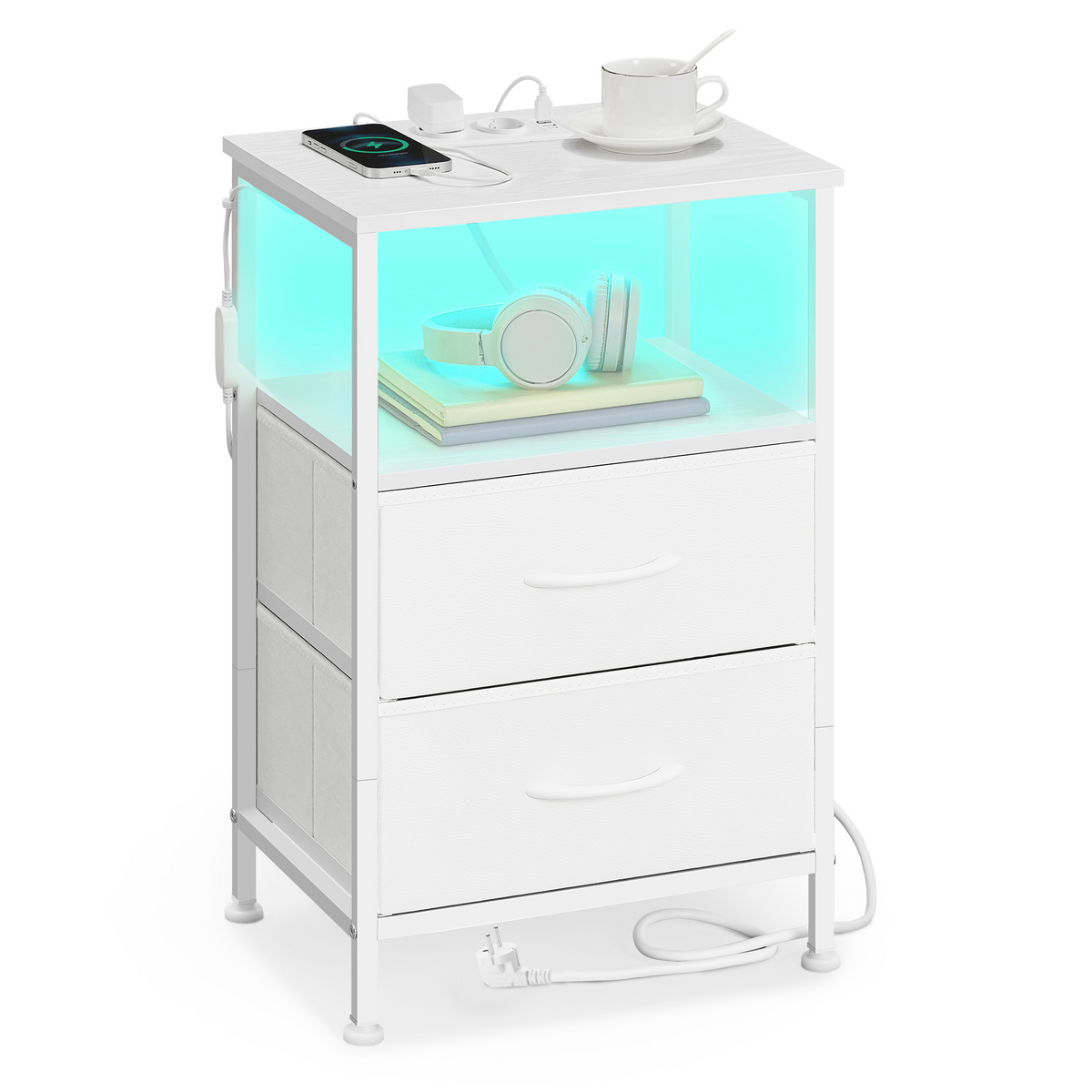 Songmics sengebord, 2 skuffer, justerbar, med LED-belysning, skyhvid, LGS302WH03