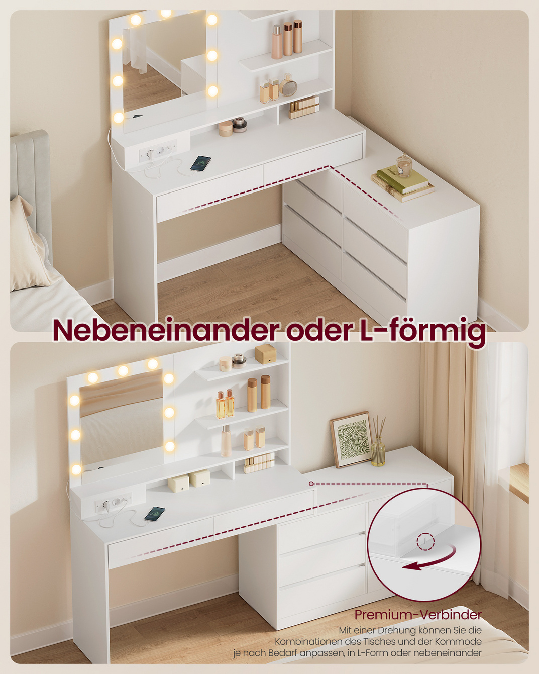 Vasagle sminkebord, 8 skuffer, 3 hylder, med spejl, med LED-belysning, skyhvid, RDT140WB01