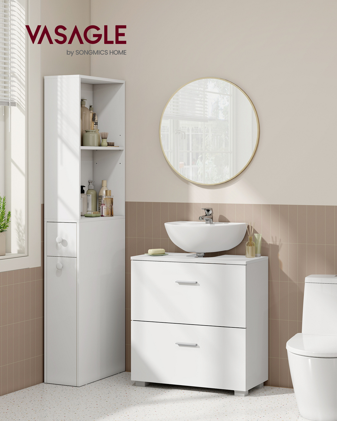 Vasagle vaskeskab, 2 skuffer, 30 × 60 × 63.8 cm, skyhvid, BBK520WB01