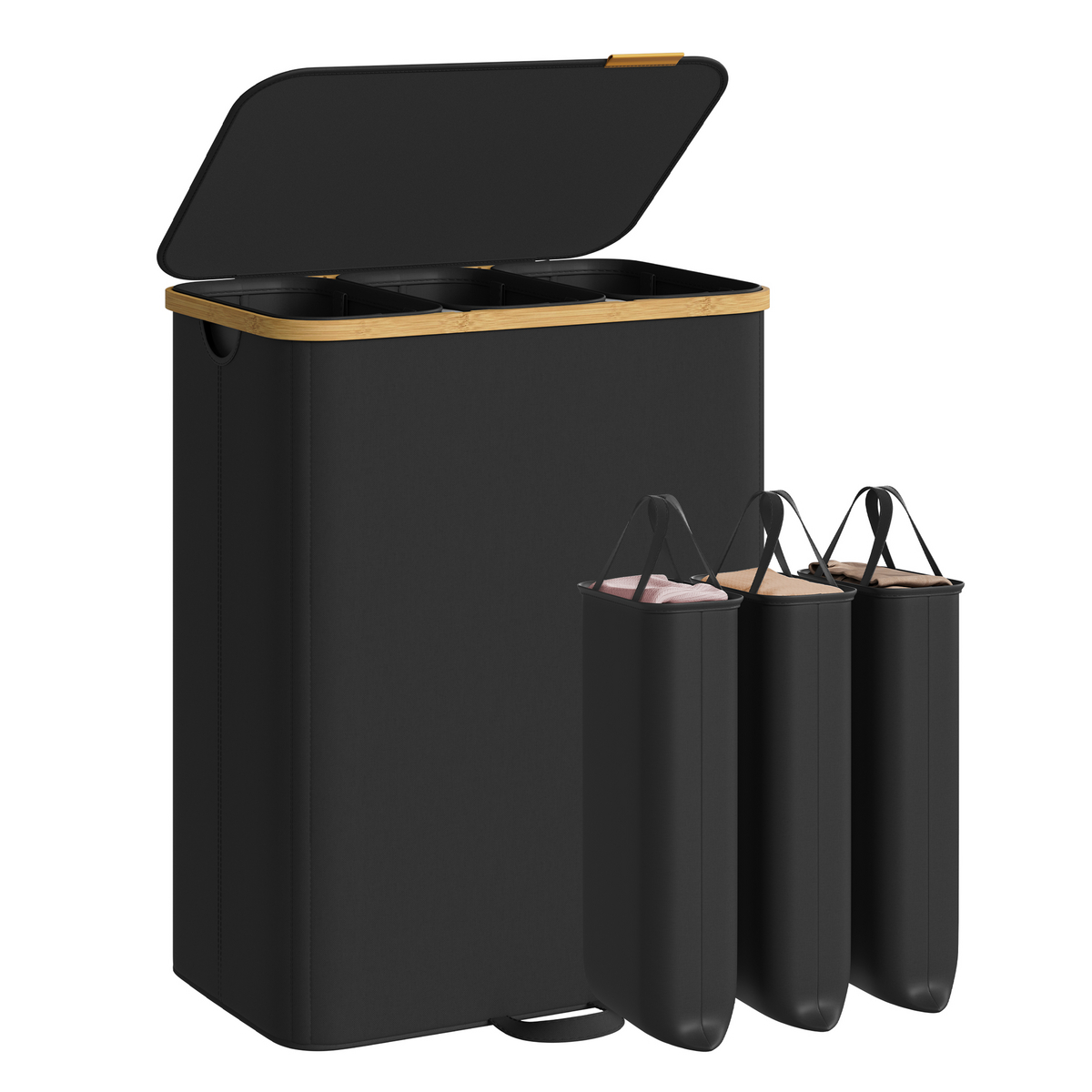 SONGMICS vasketøjskurv, 3 rum, 170 L, med låg, sort, LCB533BH01