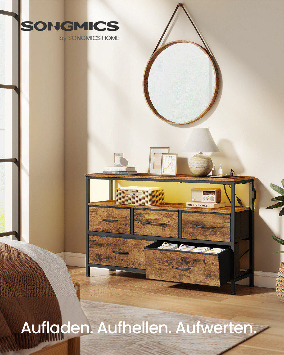 Songmics kommode, 5 skuffer, justerbar, med LED-belysning, rustikbrun/sort, LGS723KD01