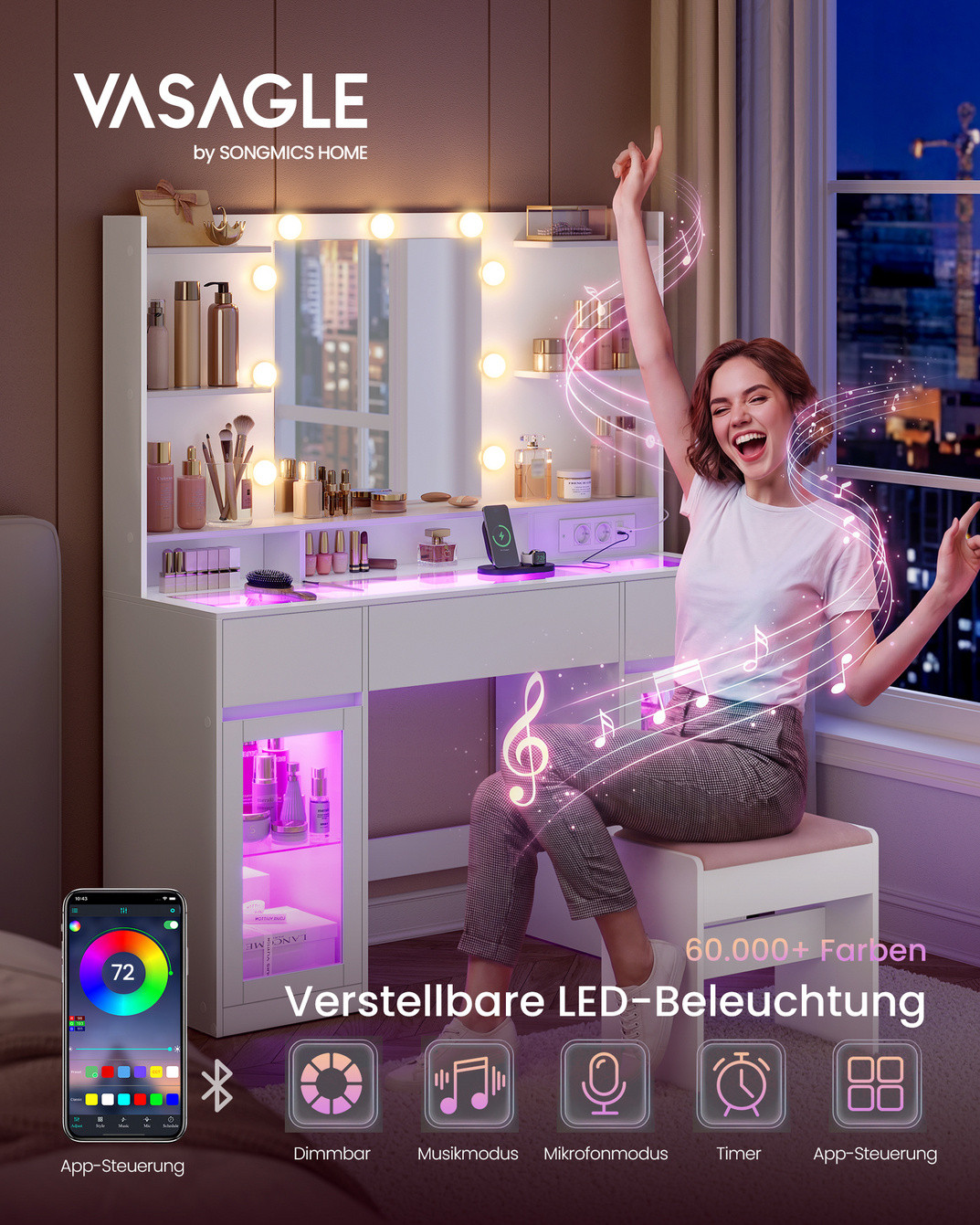 Vasagle sminkebord, 107 × 40 × 144.5 cm, med LED-belysning, hvid, RDT145WB01