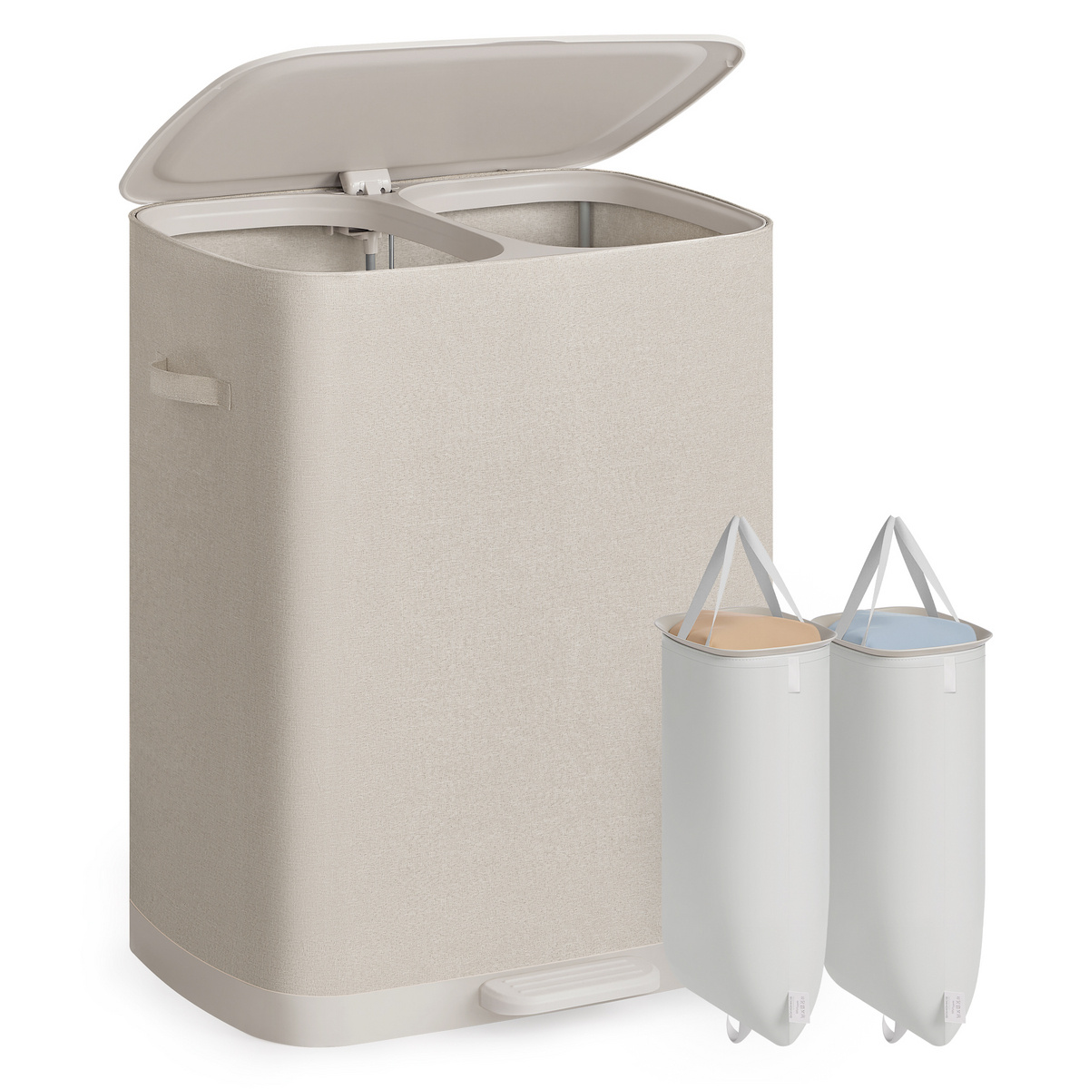 SONGMICS vasketøjskurv, 2 rum, 160 L, 56 × 40.5 × 75 cm, sammenklappelig, med låg, beige, LCB832L101