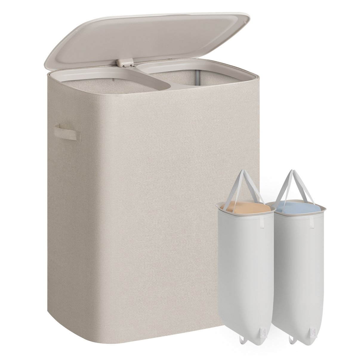 SONGMICS vasketøjskurv, 2 rum, 160 L, 56 × 40.5 × 70 cm, sammenklappelig, med låg, beige, LCB822L101