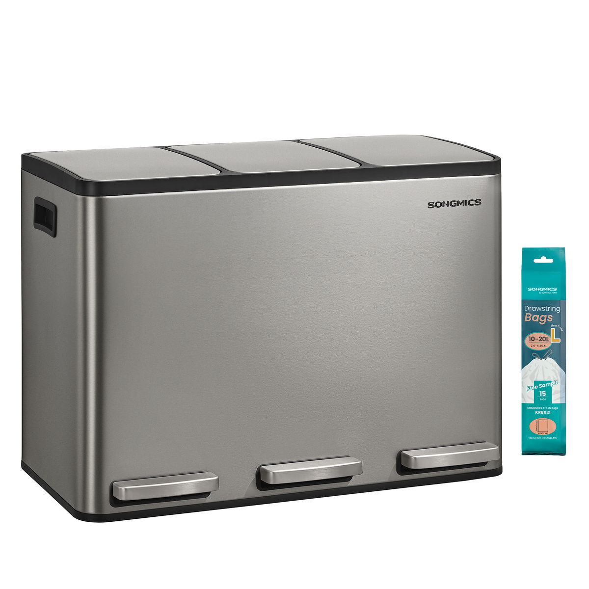 SONGMICS affaldsspand, 3 rum, 3 × 15 L, soft-close, sølv, LTB145EZ01