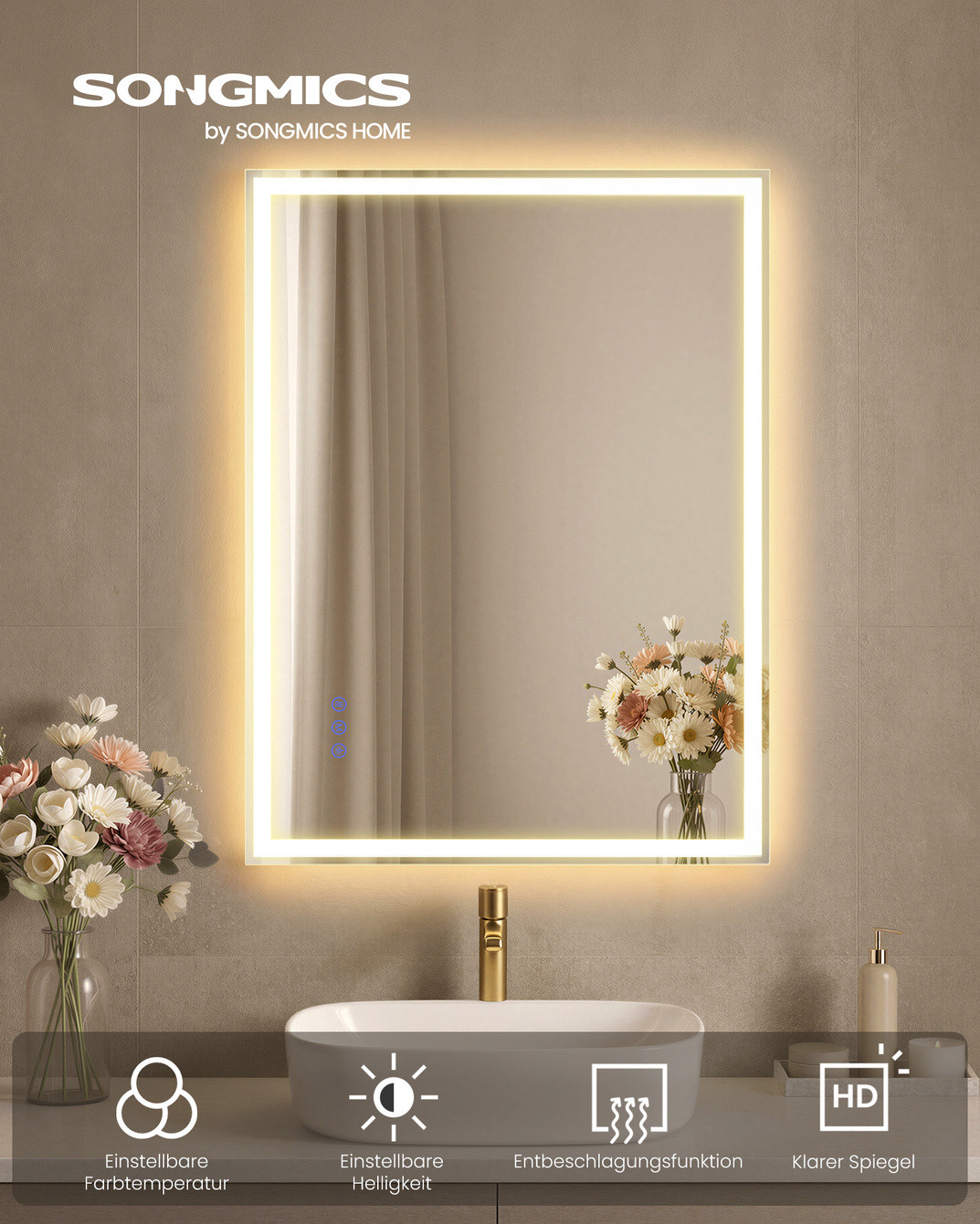 SONGMICS spejl, 70.7 × 50.7 cm, justerbar, med LED-belysning, skyhvid, LWM212WC02