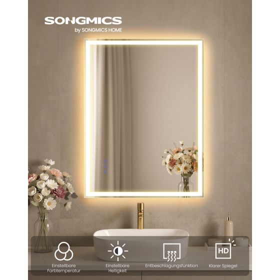 Songmics spejl, 70.7 × 50.7 cm, justerbar, med LED-belysning, skyhvid, LWM212WC02