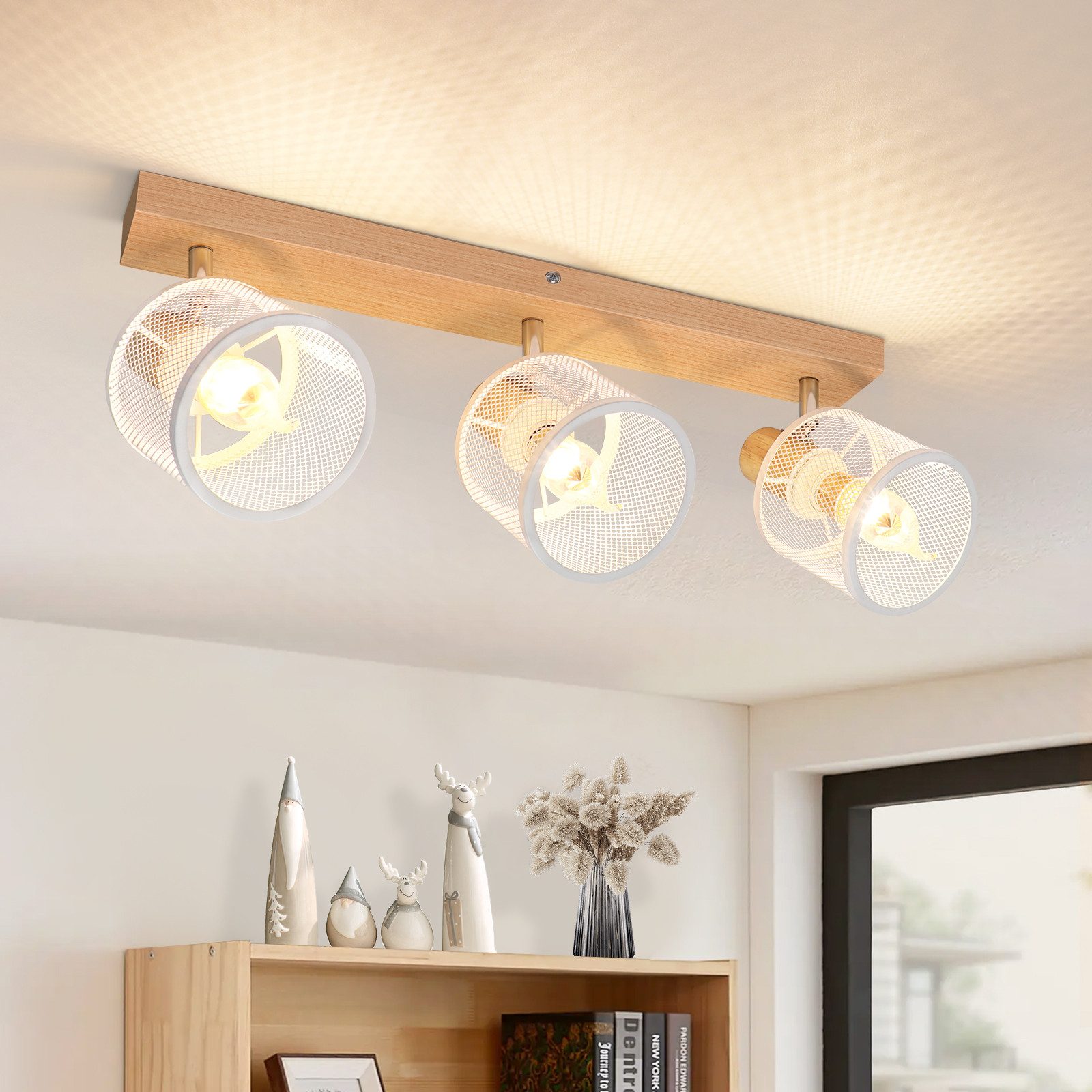 NETTLIFE - loftslampe, 3 hvide spotlights, træmønster - E14 loftslampe, justerbar 350°, 4 pærer, maks. 25 W, moderne til stuen