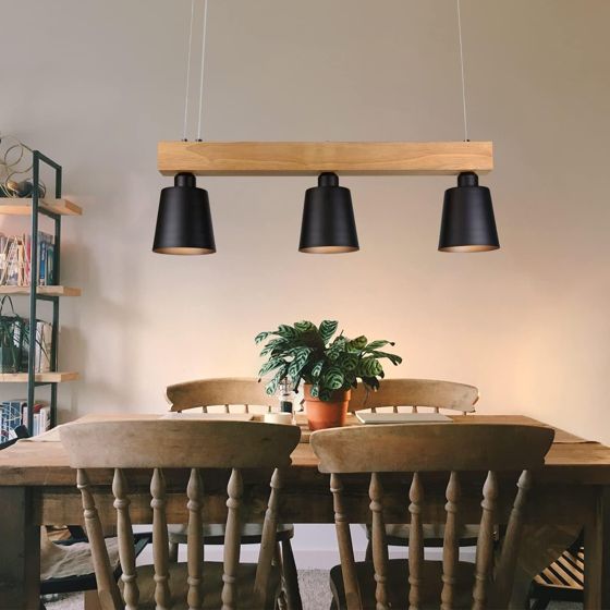 NETTLIFE pendellampe til spisebord, 3 lyskilder, træ og metal, E27, 150 cm