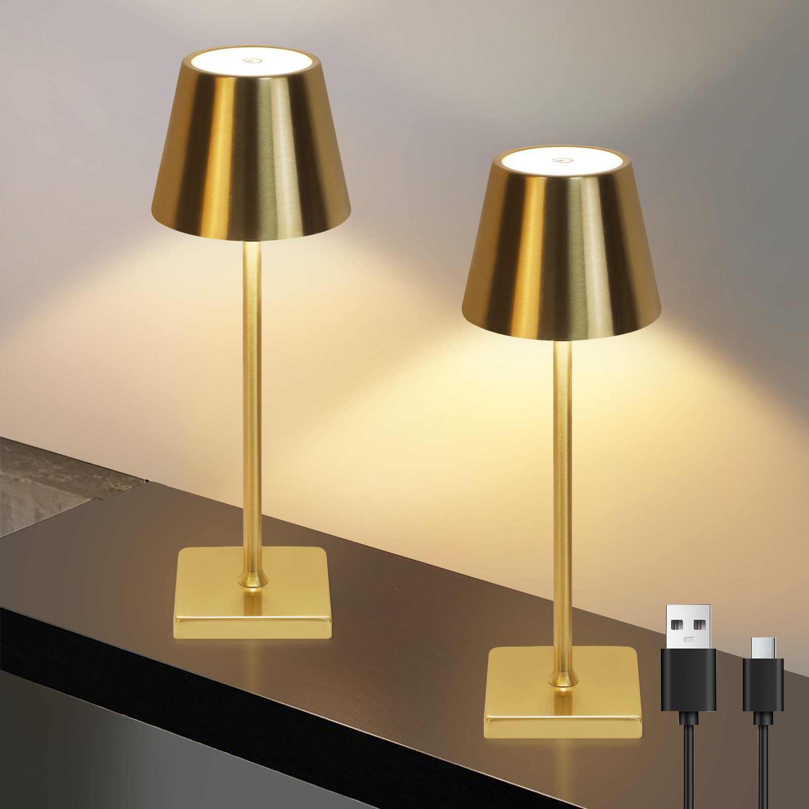 NETTLIFE Vintage, Guld, LED - bordlampe, Trådløs berøringsdæmpbar, sengelampe, 3 farvetemperaturer