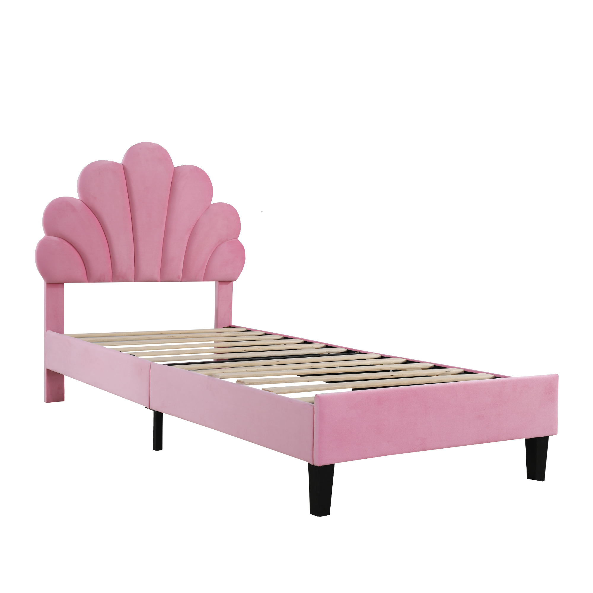 Betrukket børneseng 90x200 cm, blomstermønstret hovedgærde og ribbebund, fløjlsbetræk, pink