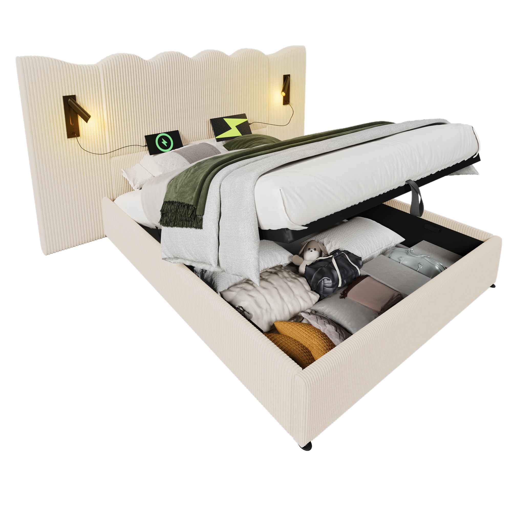 seng 180x200 cm beige cordstoff med usb type-c ladefunktion og leselampe