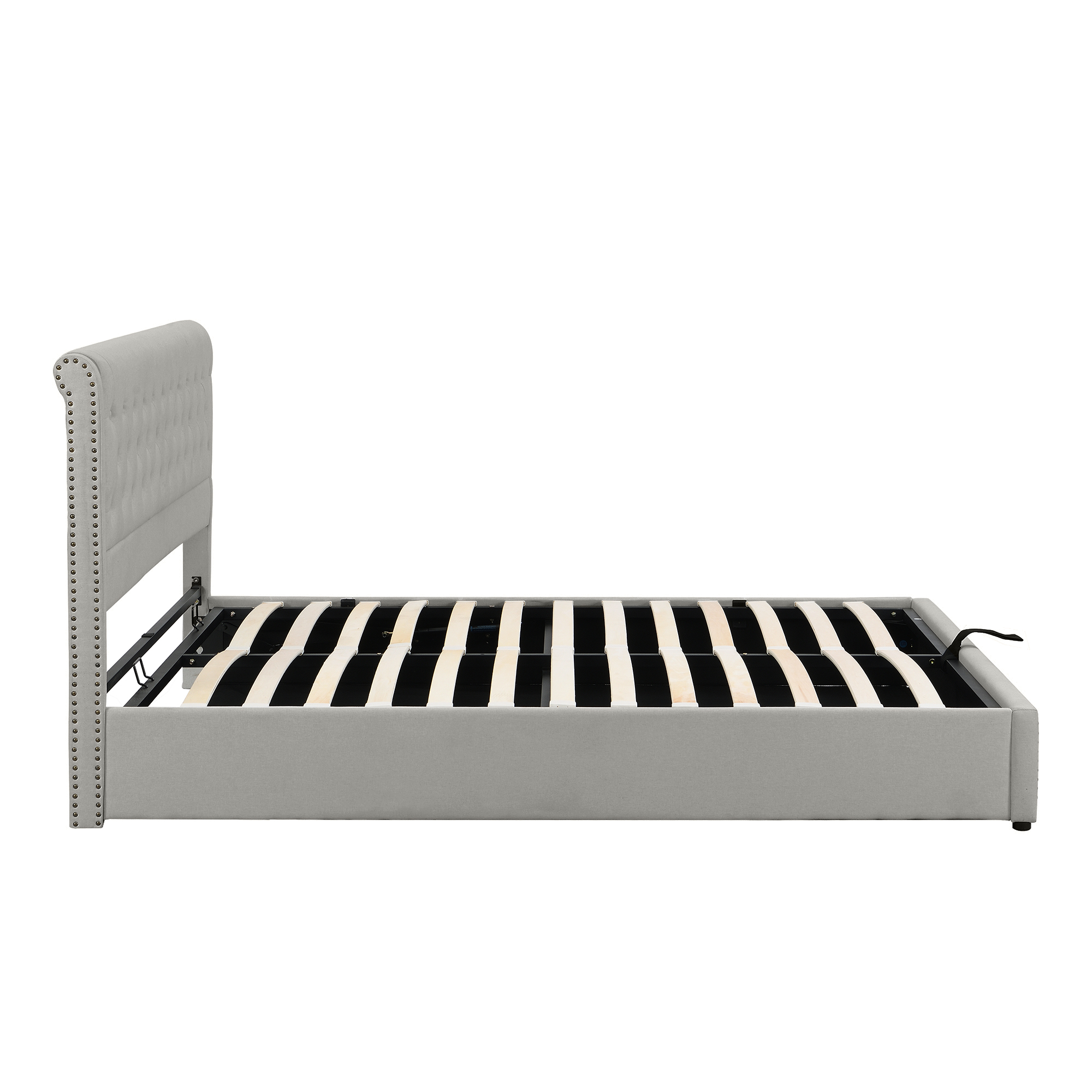 seng med opbevaring 180x200 cm hvid grå i stof med hydraulisk hevel