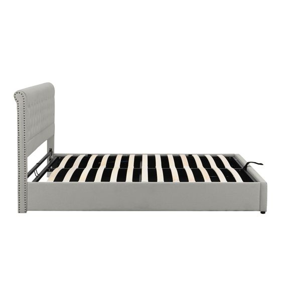 seng med opbevaring 180x200 cm hvid grå i stof med hydraulisk hevel
