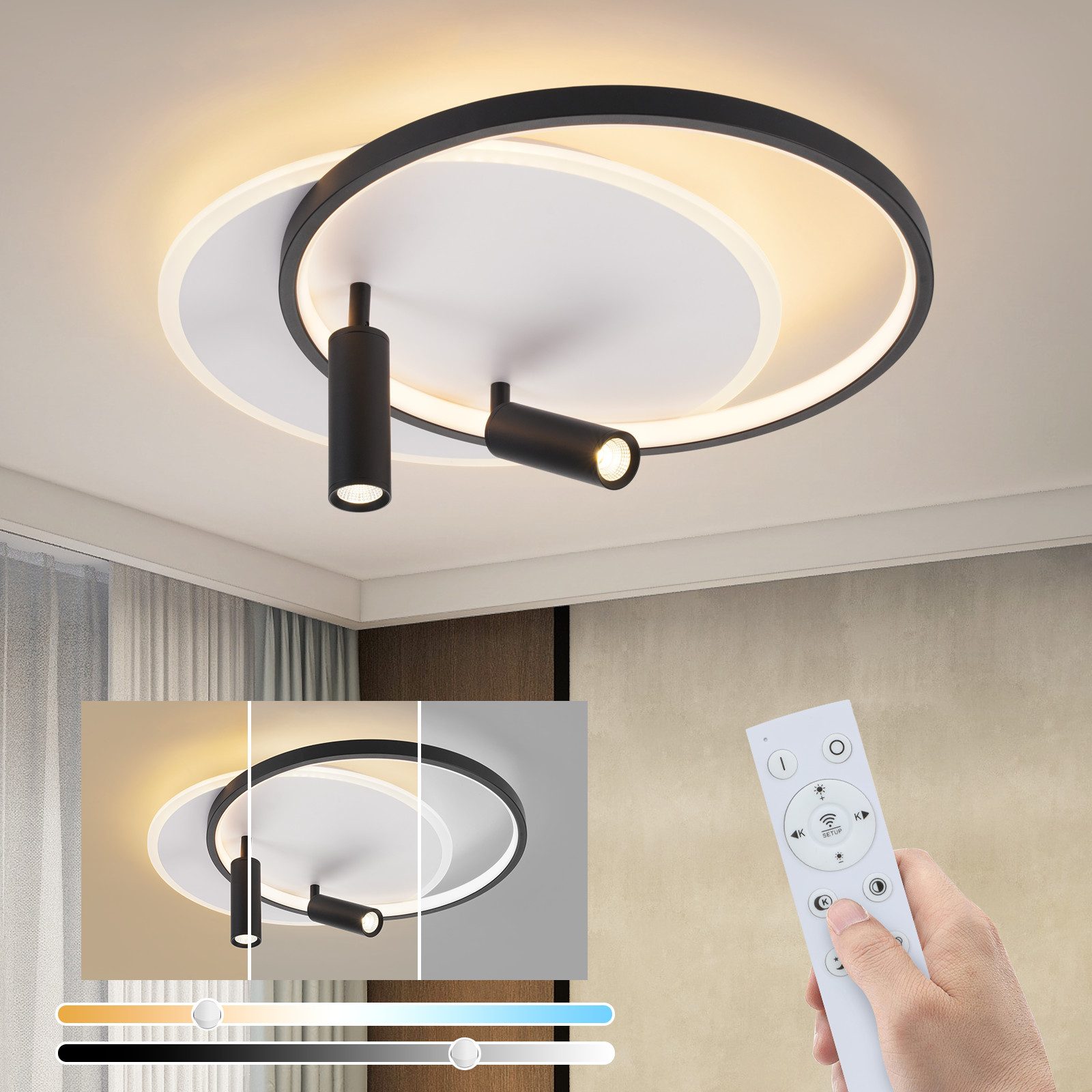 NETTLIFE LED - loftlampe, stue Loftlampe: Dæmpbar, stuelampe, 52W Med to, sorte loftlamper og fjernbetjening