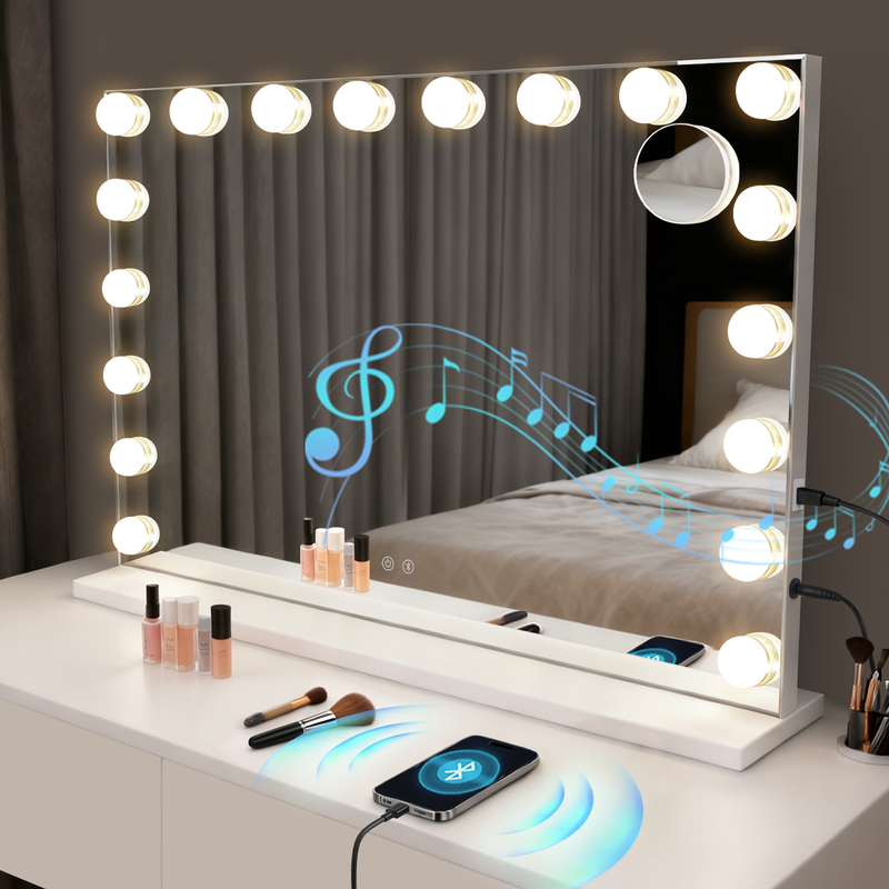 NETTLIFE Hollywood Makeup-spil med LED og Bluetooth, 18 LED'er, stort spejl til toiletbordet, lys og musik, 3 tilstande, touch og dæmpbar