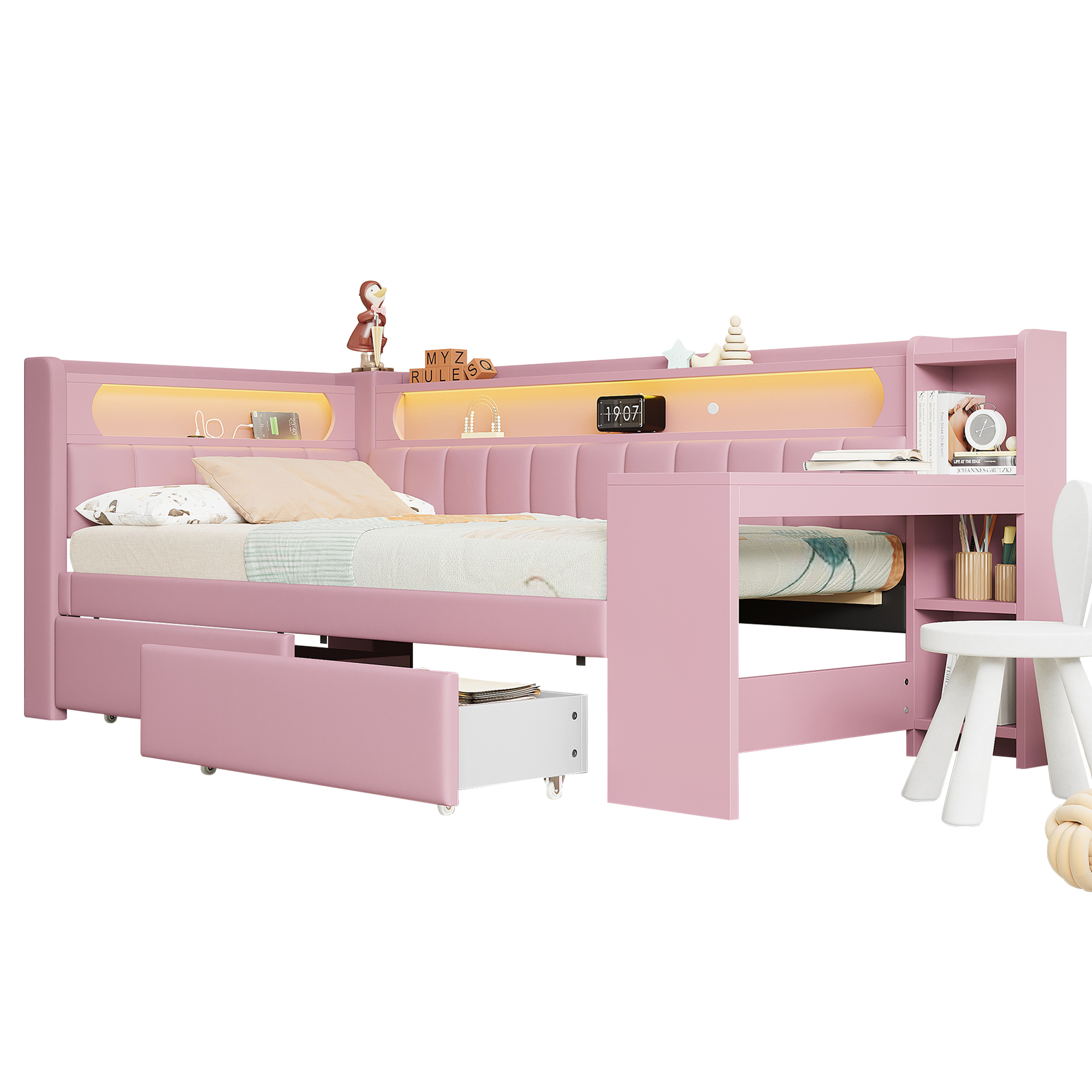 seng 90x200 cm rosa mdf og spærtræ med usb-porte led-belysning skrivebord og 2 skuffer