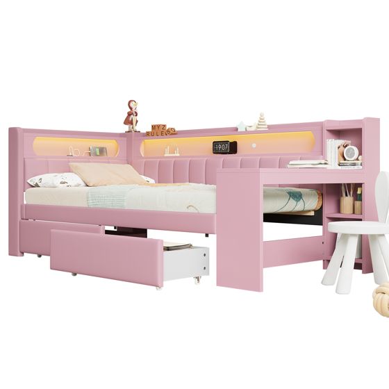 seng 90x200 cm rosa mdf og spærtræ med usb-porte led-belysning skrivebord og 2 skuffer