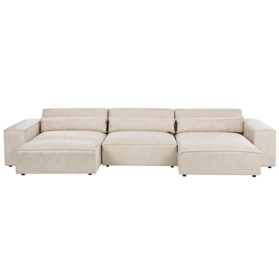 Hjørnesofa modul 4 personers HELLNAR med fodskammel Velour Lys Beige Venstrevendt