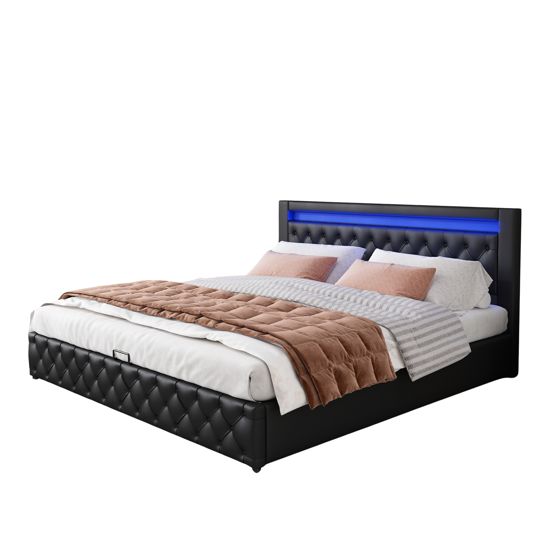 seng 160x200 cm sort PU med opbevaring og LED-belysning