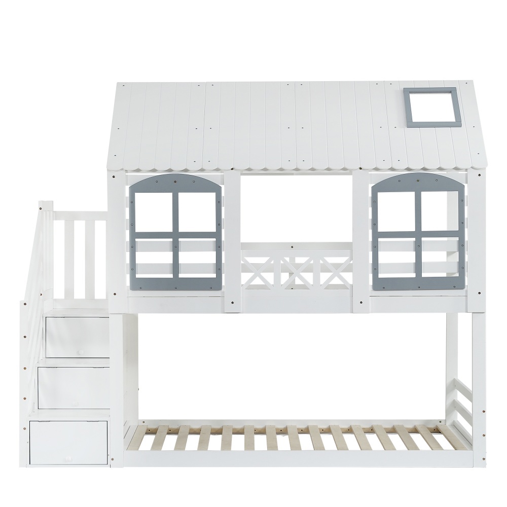 Køjeseng 90 x 200 cm, hvid + grå, fyrretræ + MDF, tag + vindue + sikkerhedsgelænder + 3 rum
