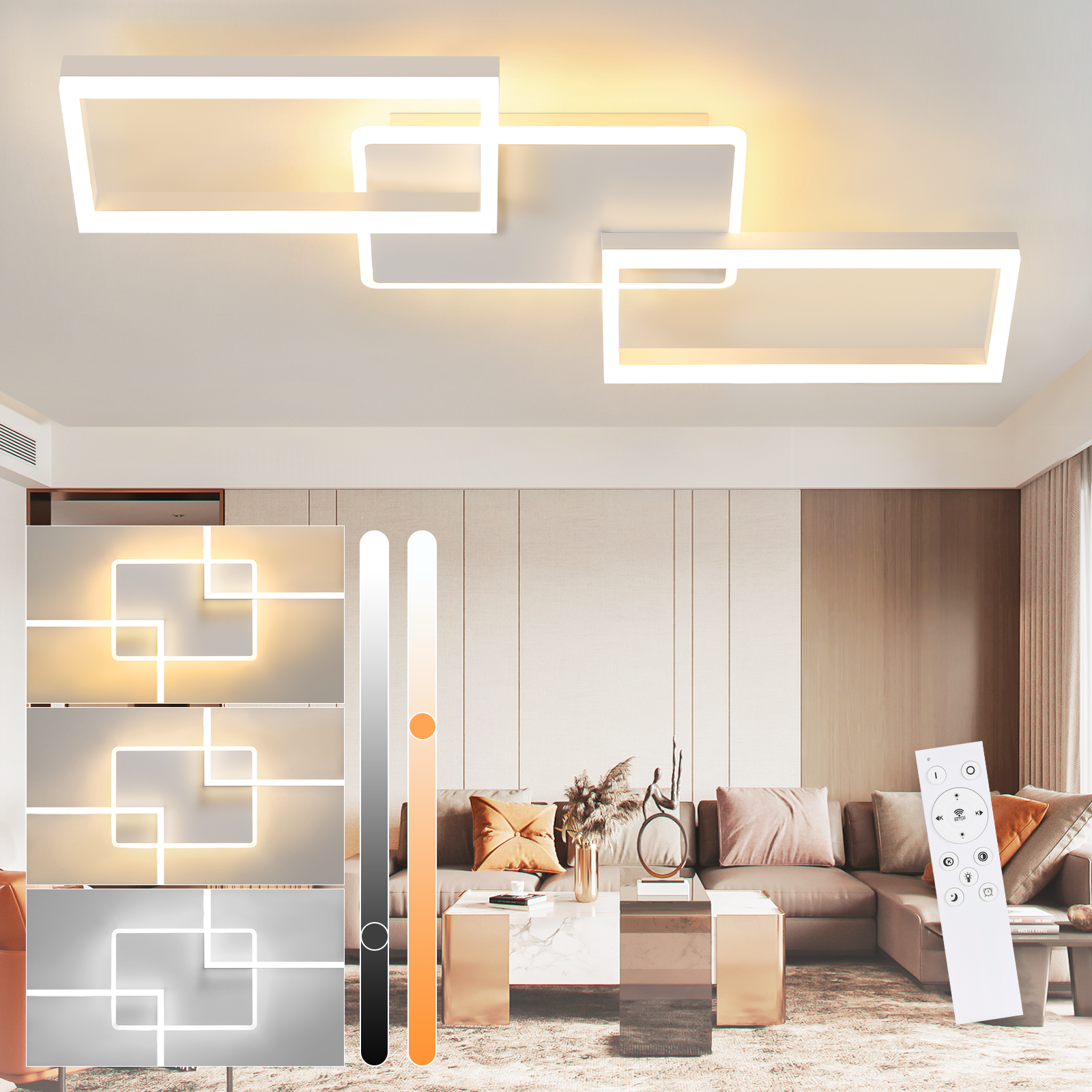 NETTLIFE LED loftlampe til stuen - Dæmpbar loftlampe med fjernbetjening 63W - Stor - Moderne hvid