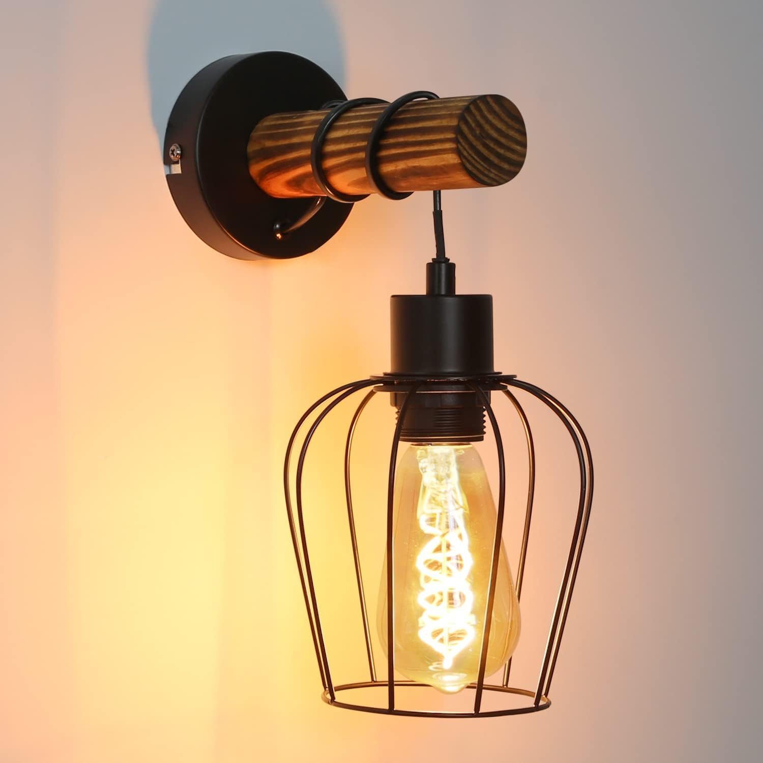 NETTLIFE Vintage Retro Træ Indendørs Væglampe med Afbryder Industristil E27 Sort Vægspotlight Metal