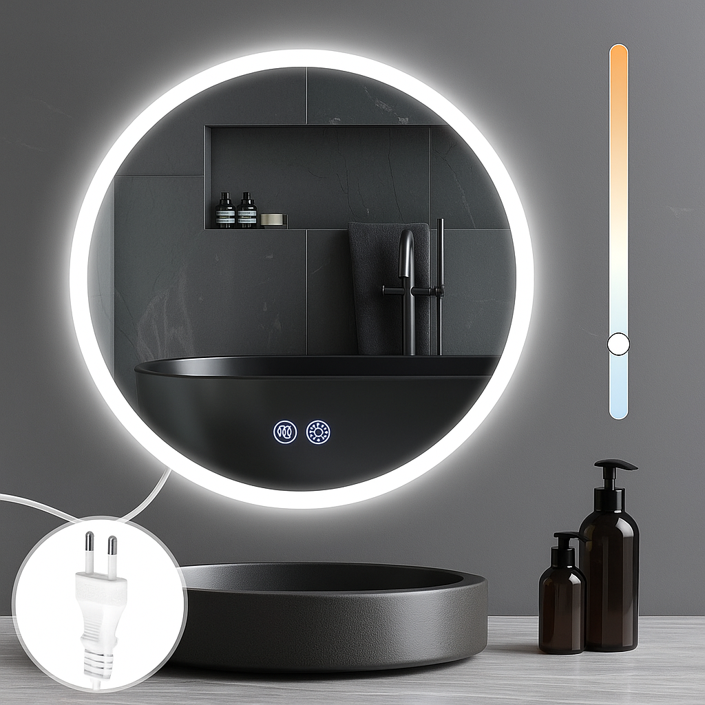 NETTLIFE Spejl rundt med LED-belysning - vægspejl, IP44 rundt, 70 cm med belyst touch-spejlfunktion og dæmpbar lys