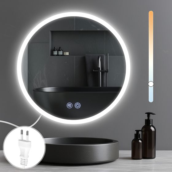 NETTLIFE Spejl rundt med LED-belysning - vægspejl, IP44 rundt, 70 cm med belyst touch-spejlfunktion og dæmpbar lys