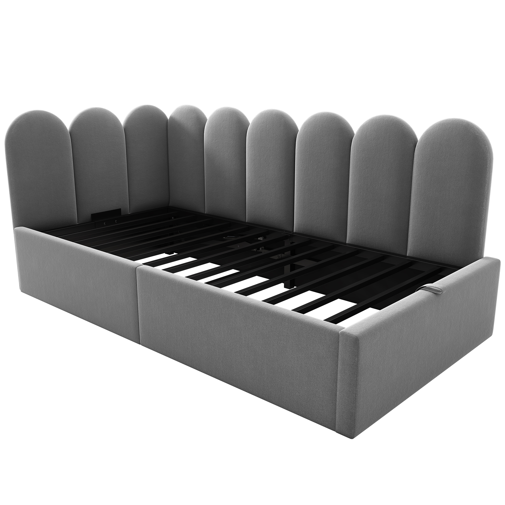 Sovesofa 90 x 190 cm, grå fløjl, opbevaringsplads + metal