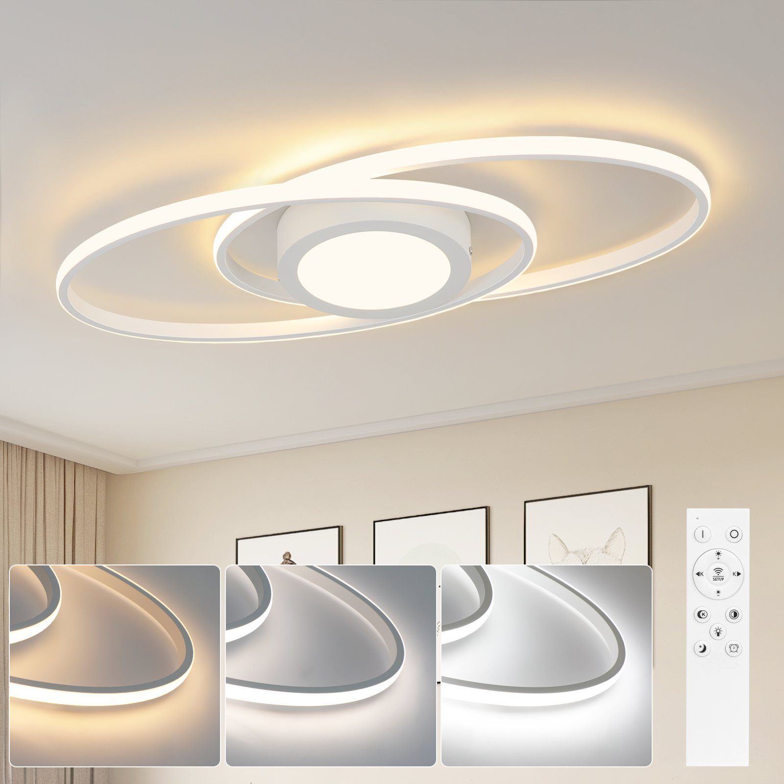 NETTLIFE oval LED loftlampe 48W dæmpbar hvid med fjernbetjening 3000K - 6500K moderne til soveværelse, børneværelse, kontor