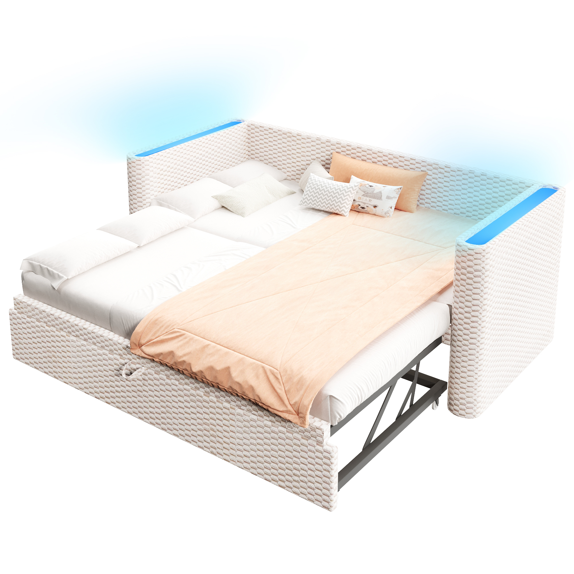 seng 90x200 cm beige i samt og mdf med udtrækkbar funktion og led-belysning