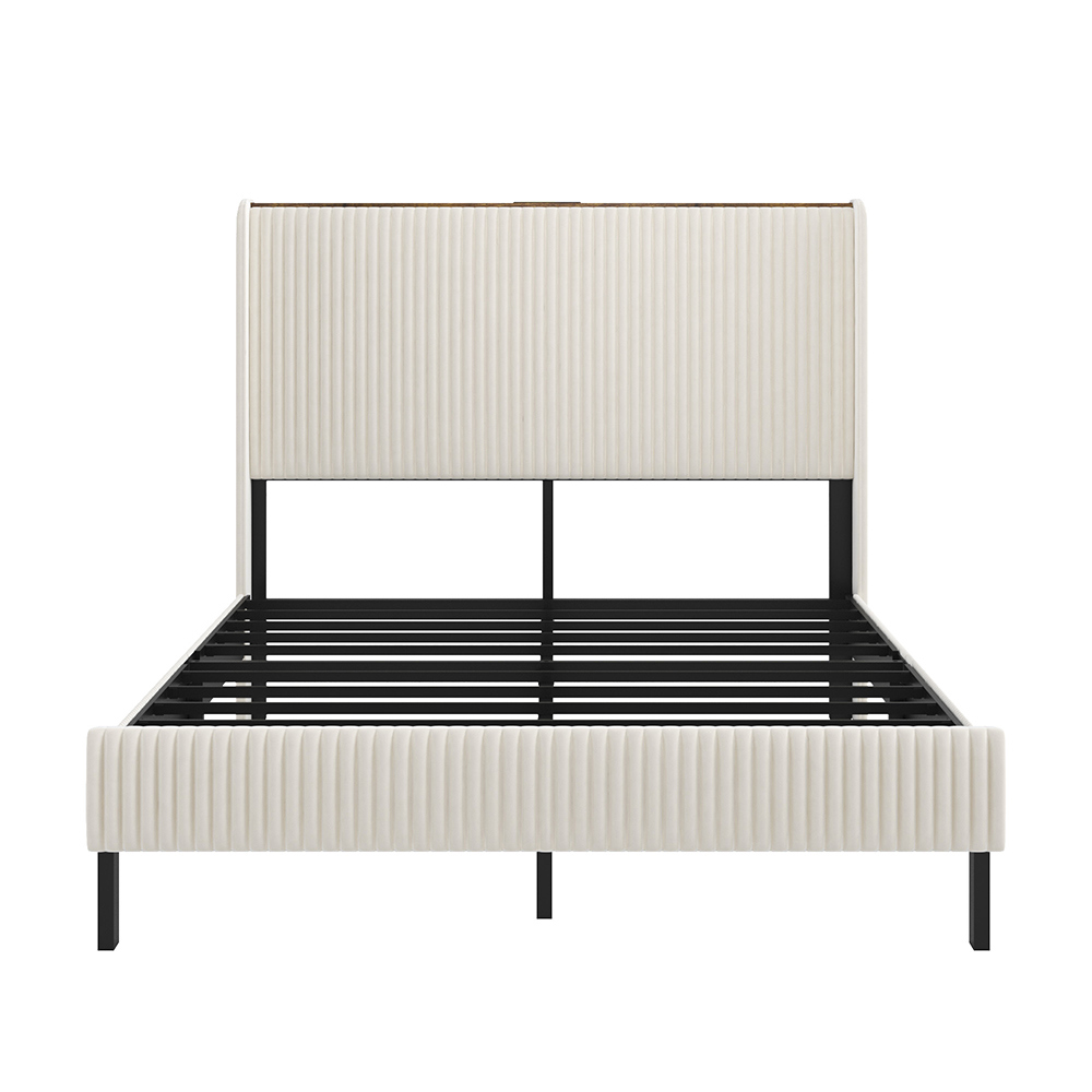 Betrukket seng 140 x 200 cm, stofhovedgærde, metalribbebund