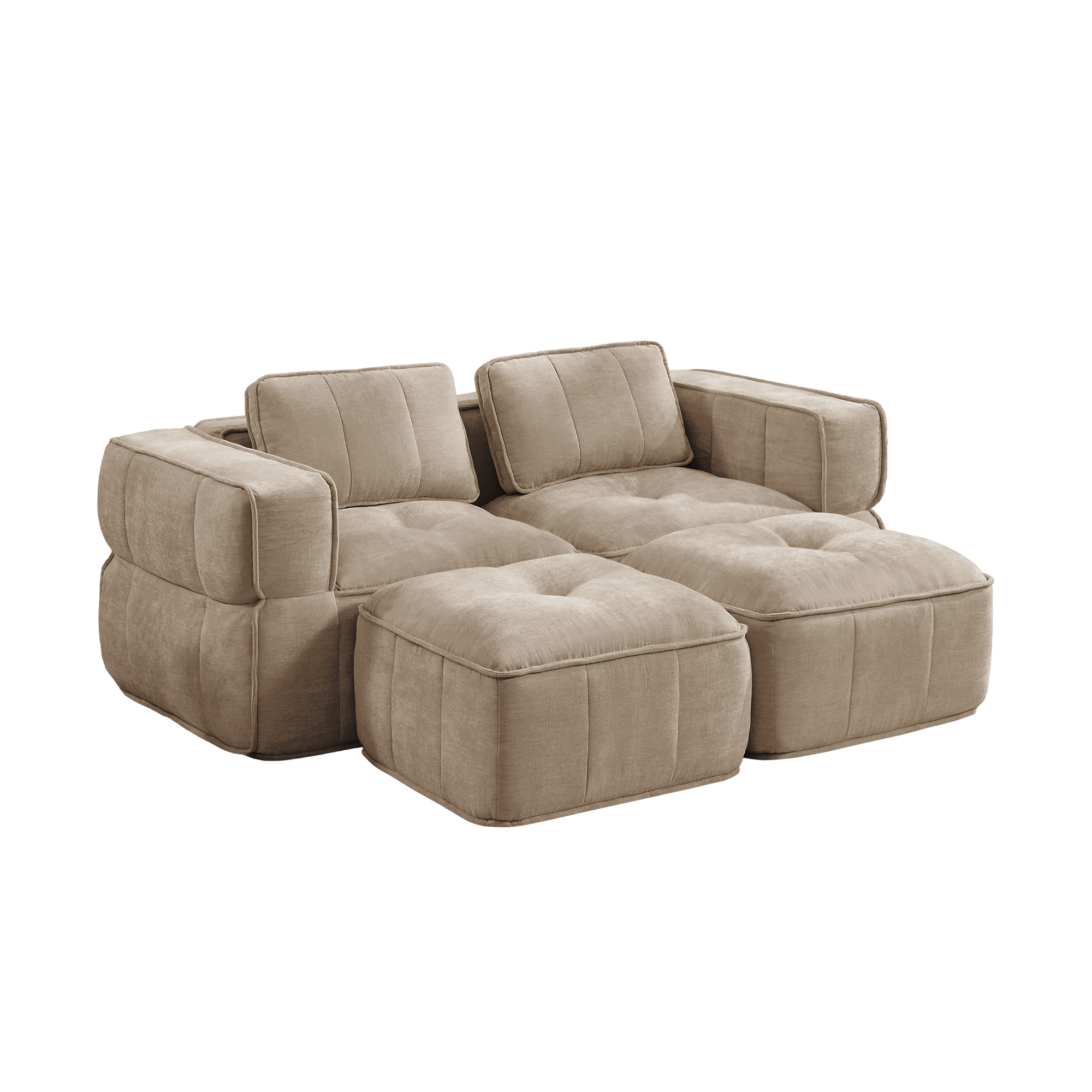 2-personers sofa med 2 skamler, minimalistisk, polyester-sandfarvet