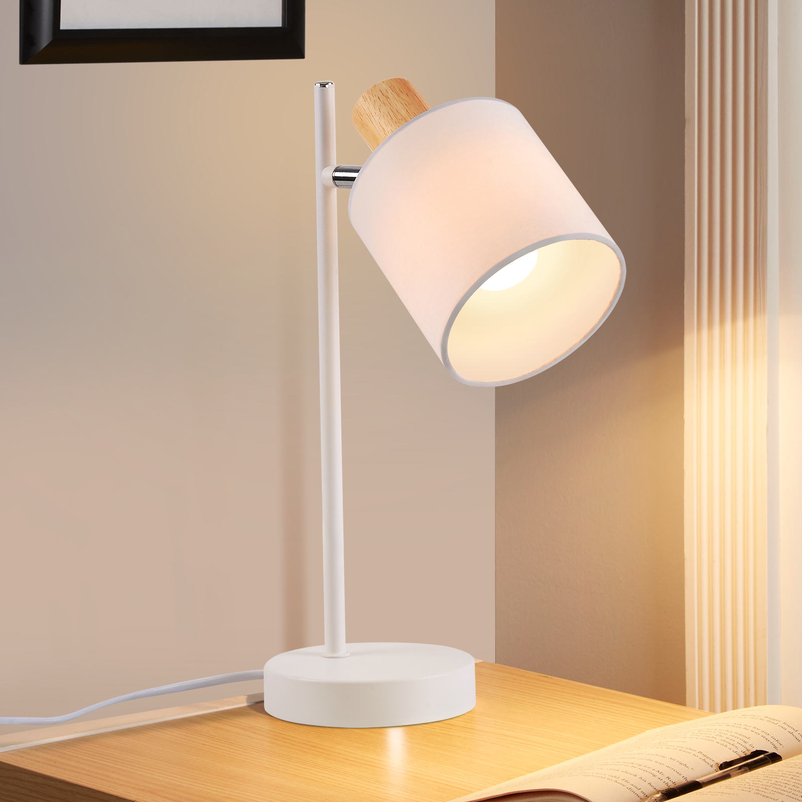 NETTLIFE Vintage trænatlampe 35,5 cm E14 hvid bordlampe i stof med afbryder, justerbar uden pære