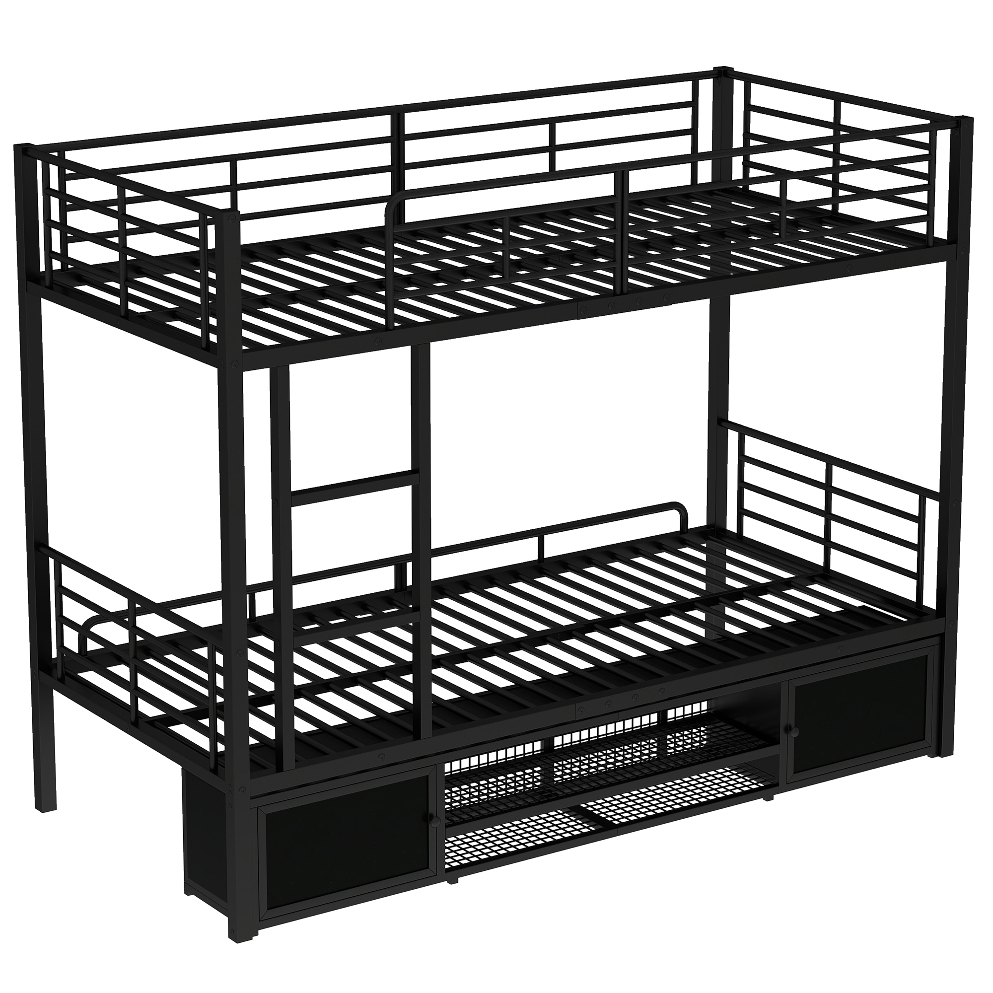 Køjeseng 90x200cm skoskab, todørs opbevaringsskab, børneseng med sidestige og sikkerhedsgelænder, jern, sort