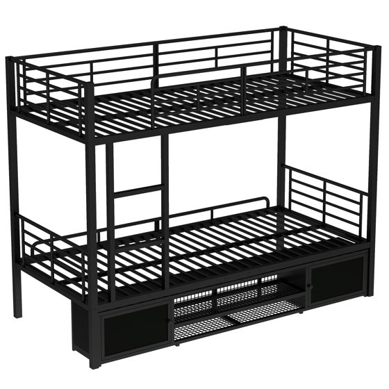 Køjeseng 90x200cm skoskab, todørs opbevaringsskab, børneseng med sidestige og sikkerhedsgelænder, jern, sort