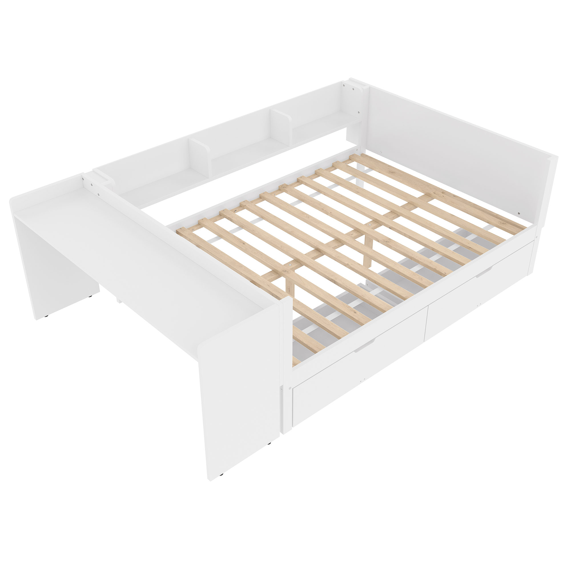 Dobbeltseng 140 x 200 cm, hvidt træ, skrivebord + hylder + 2 skuffer