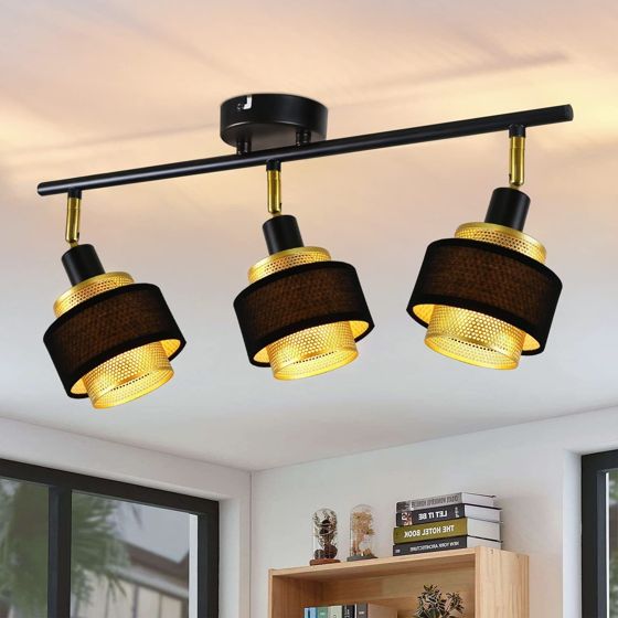 NETTLIFE Loftlampe med 3 lyskilder, E14, sort, vintage-stil, retro flamme, til soveværelse, gylden metal, justerbar, industriel stil