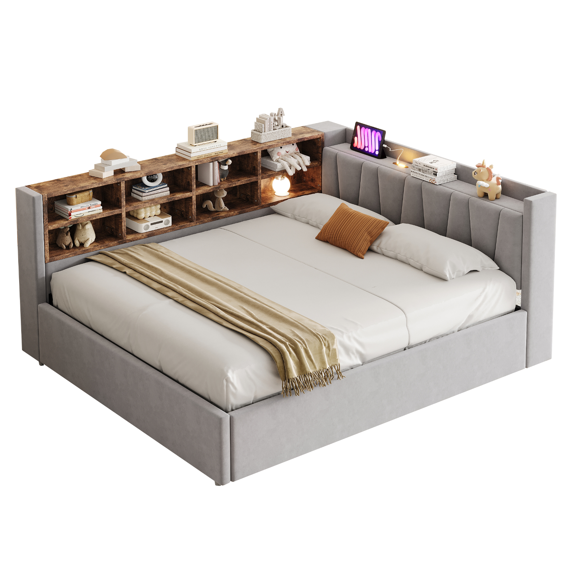 seng 140x200 cm lysegrå fløjl metal mdf med hydraulisk opbevaring led-natlys usb og type-c opladning