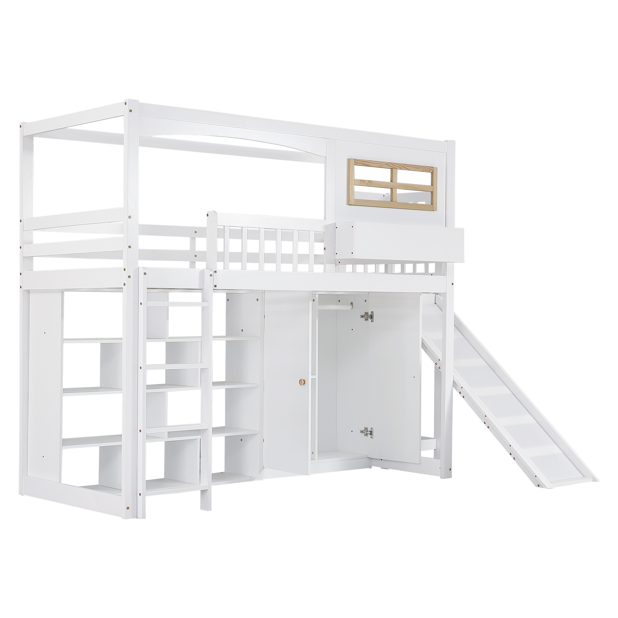 Køjeseng 90 x 200 cm, hvid fyrretræ, sikkerhedsgelænder + rutschebane + garderobe + fire-trins stige