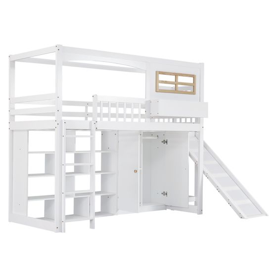 Køjeseng 90 x 200 cm, hvid fyrretræ, sikkerhedsgelænder + rutschebane + garderobe + fire-trins stige