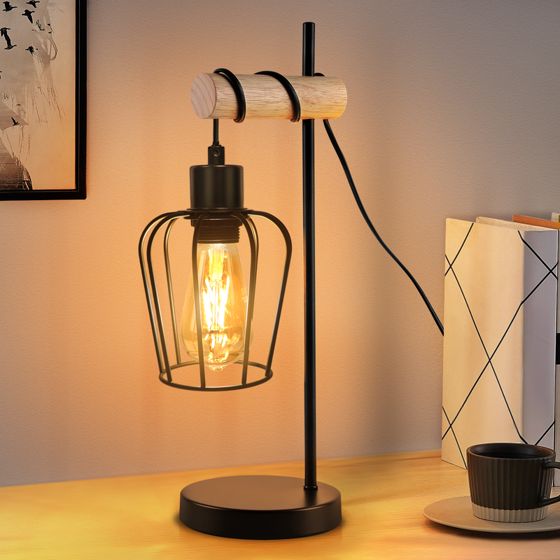 NETTLIFE bordlampe – sort vintage lampe i træ og metal, E27 (uden pære)
